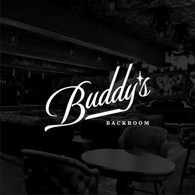 Buddy's Backroom logo with the bar as background