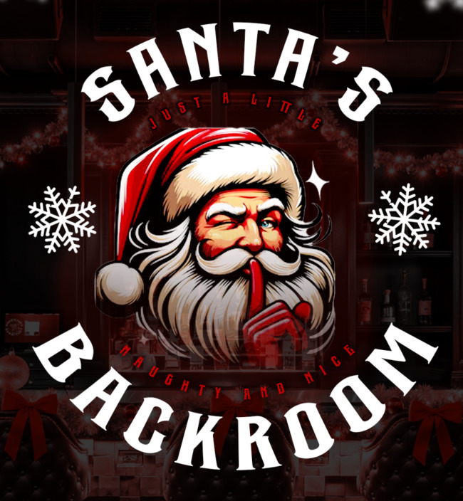 Illustration of Santa Claus holding a finger to his lips in a shushing gesture, wearing a red hat and framed by white snowflakes. Bold text reads 