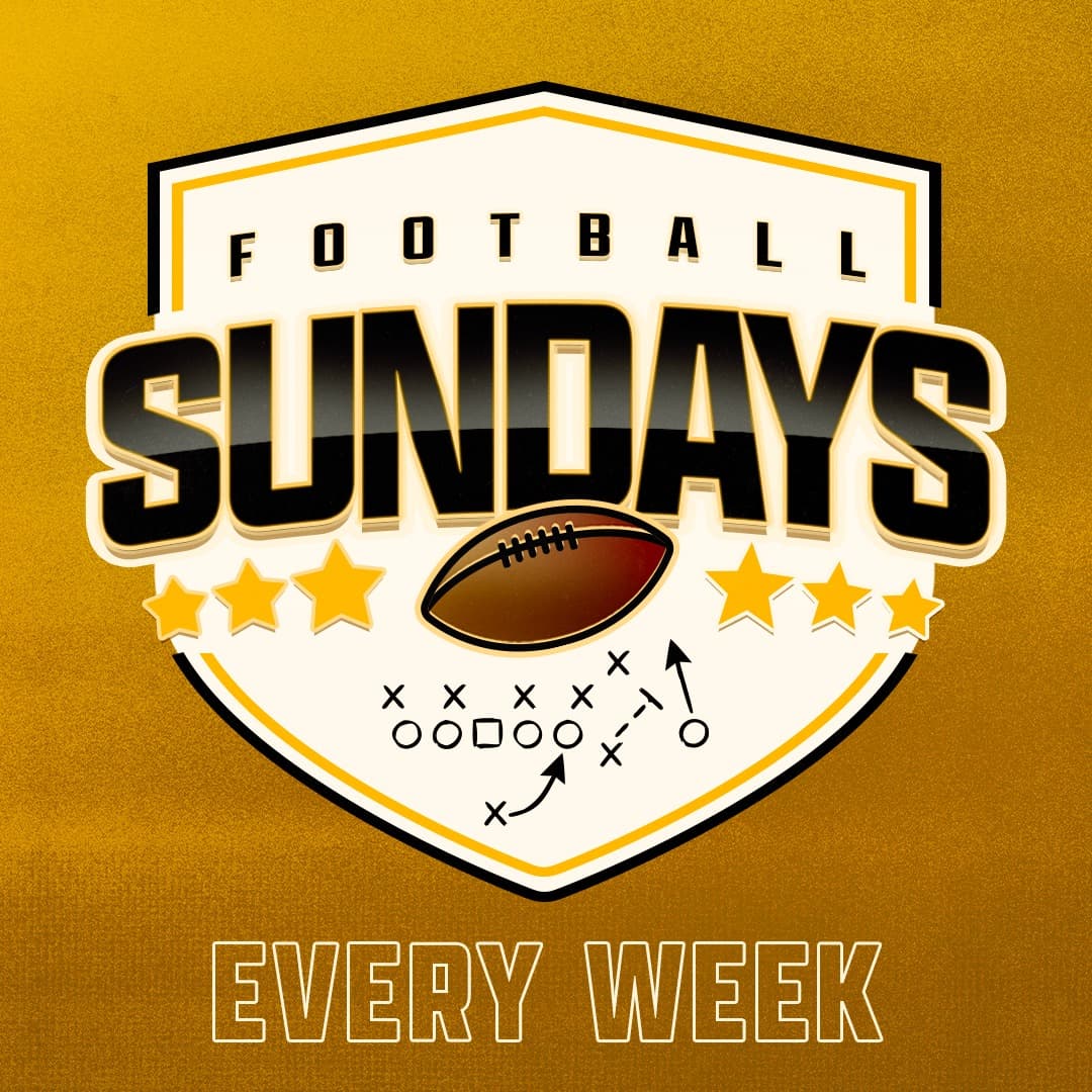 Football Sundays graphic featuring a football, play diagram, and stars on a gold background with text reading “Every Week.”